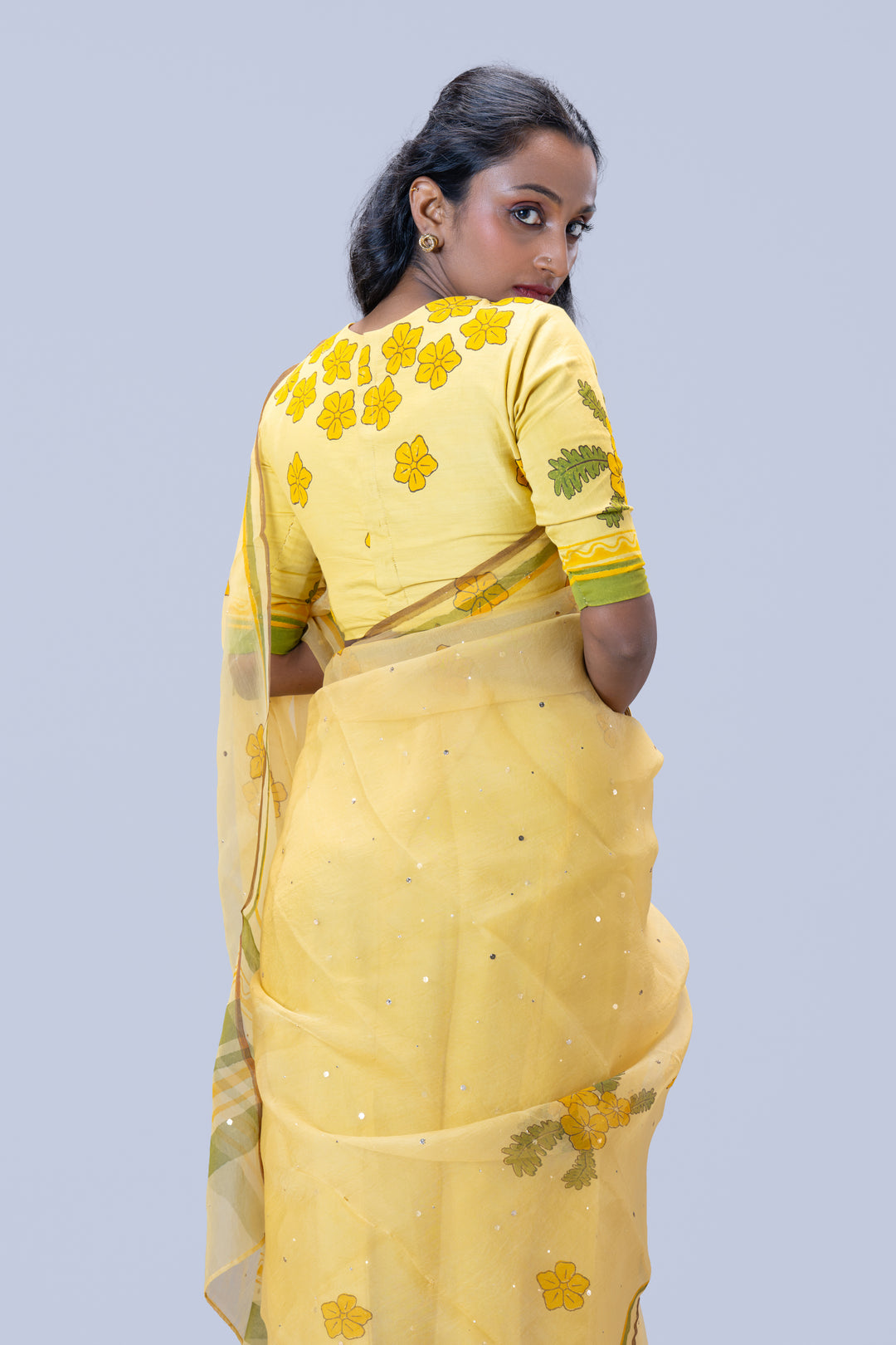 Beige Mukkutti Block Print Silk Organza Saree with Blouse Piece