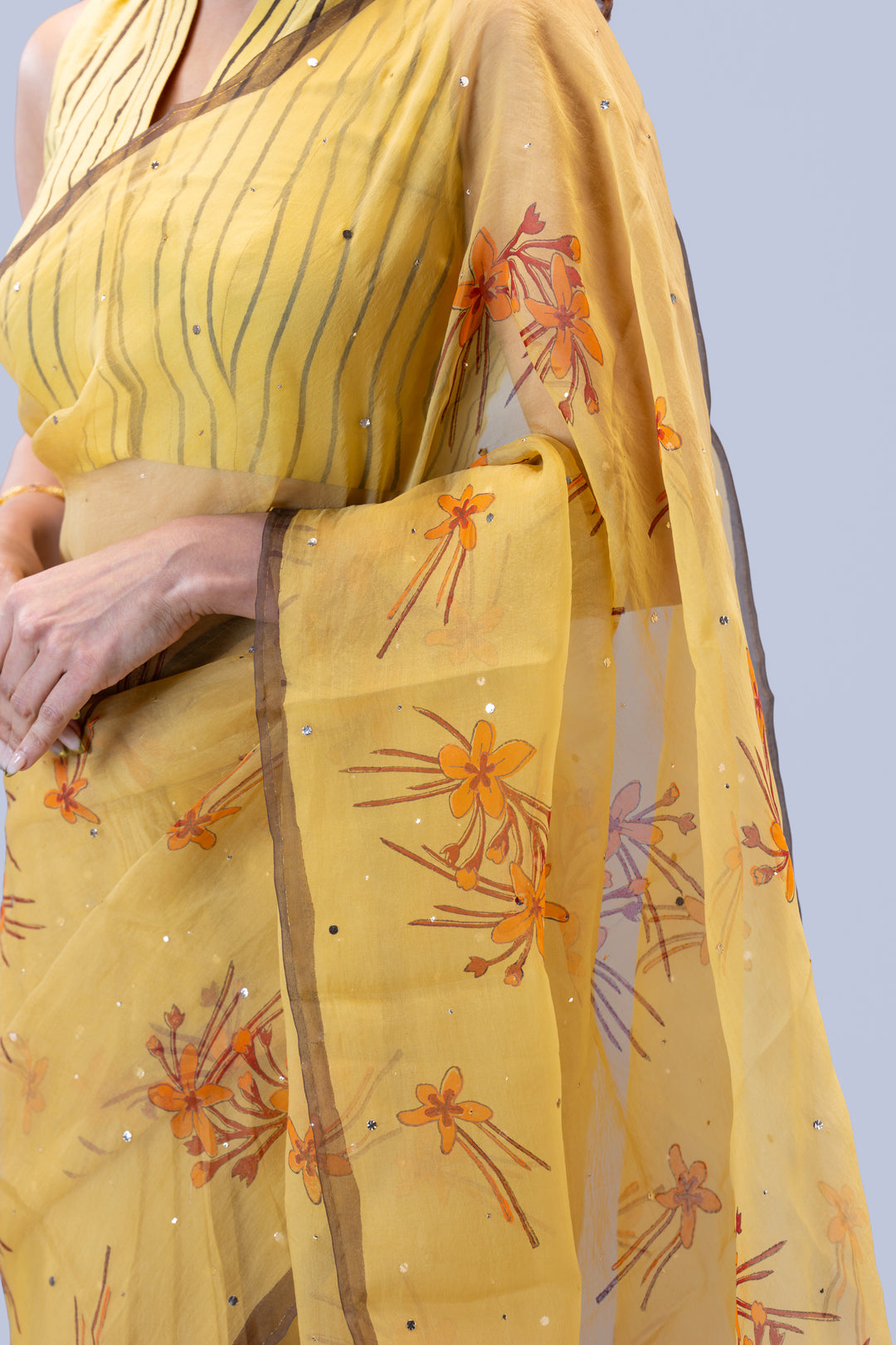 Beige Krishna Kireedam Block Print Silk Organza Saree with Blouse Piece