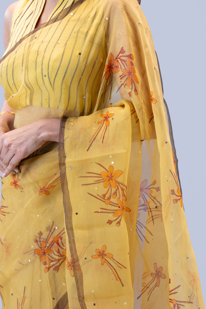 Beige Krishna Kireedam Block Print Silk Organza Saree with Blouse Piece