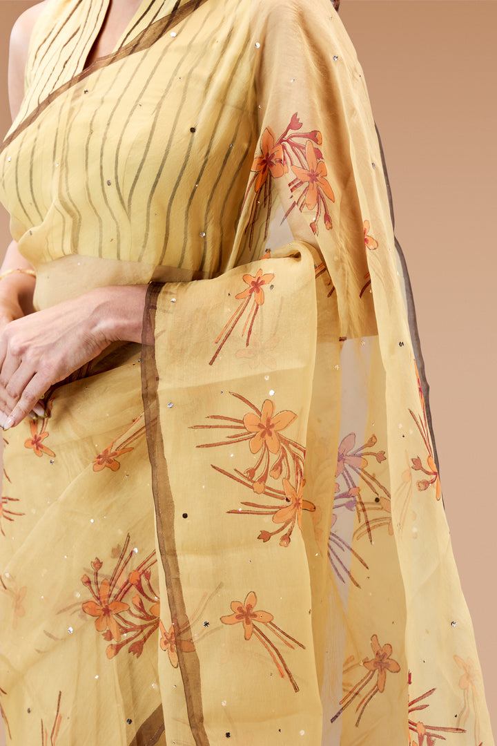 Beige Krishna Kireedam Block Print Silk Organza Saree with Blouse Piece