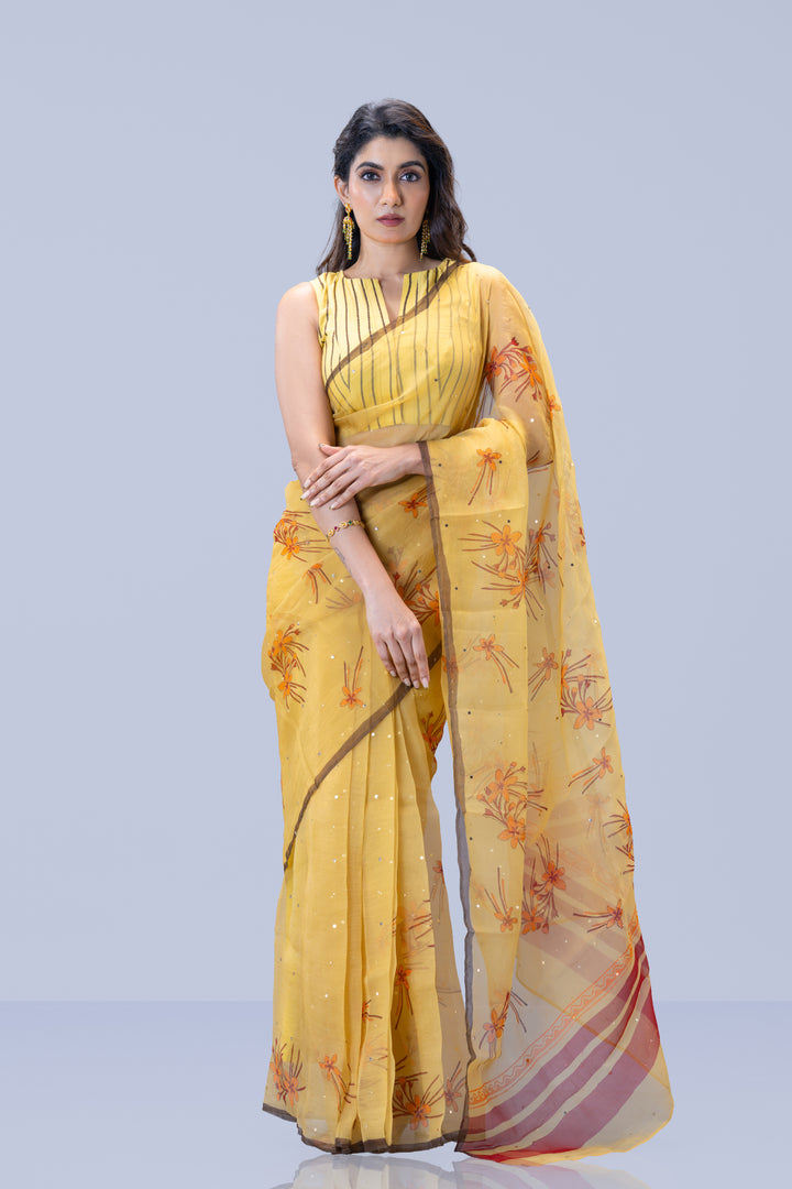 Beige Krishna Kireedam Block Print Silk Organza Saree with Blouse Piece