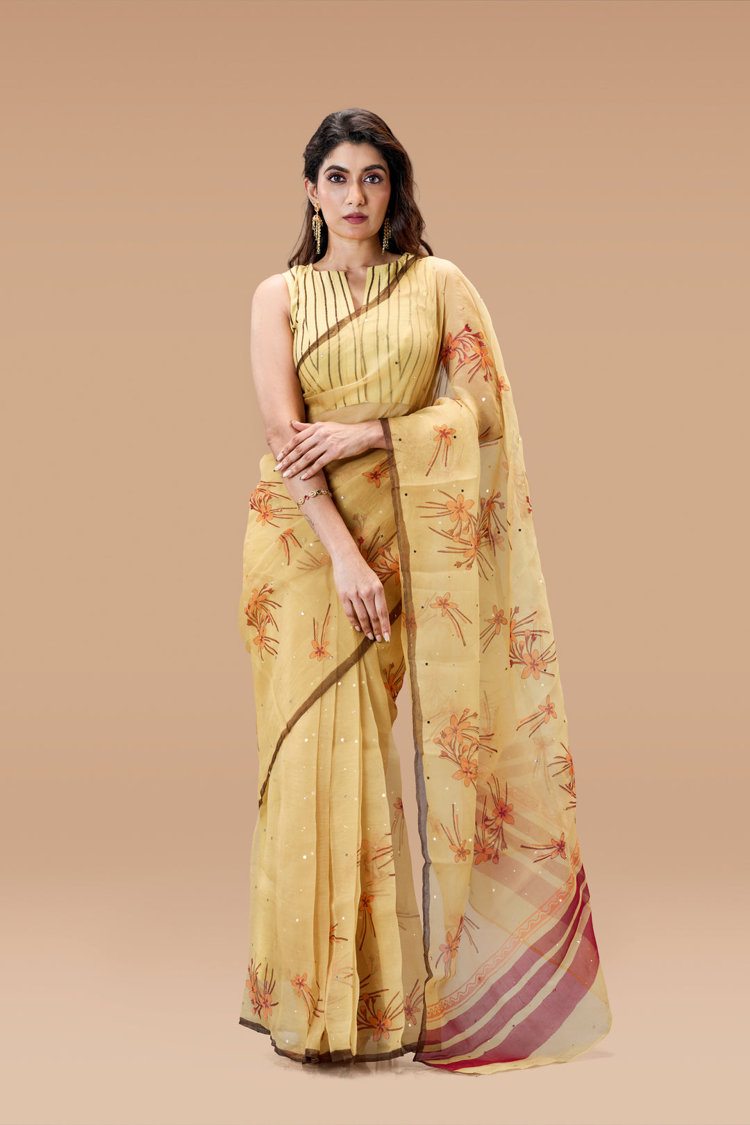 Beige Krishna Kireedam Block Print Silk Organza Saree with Blouse Piece