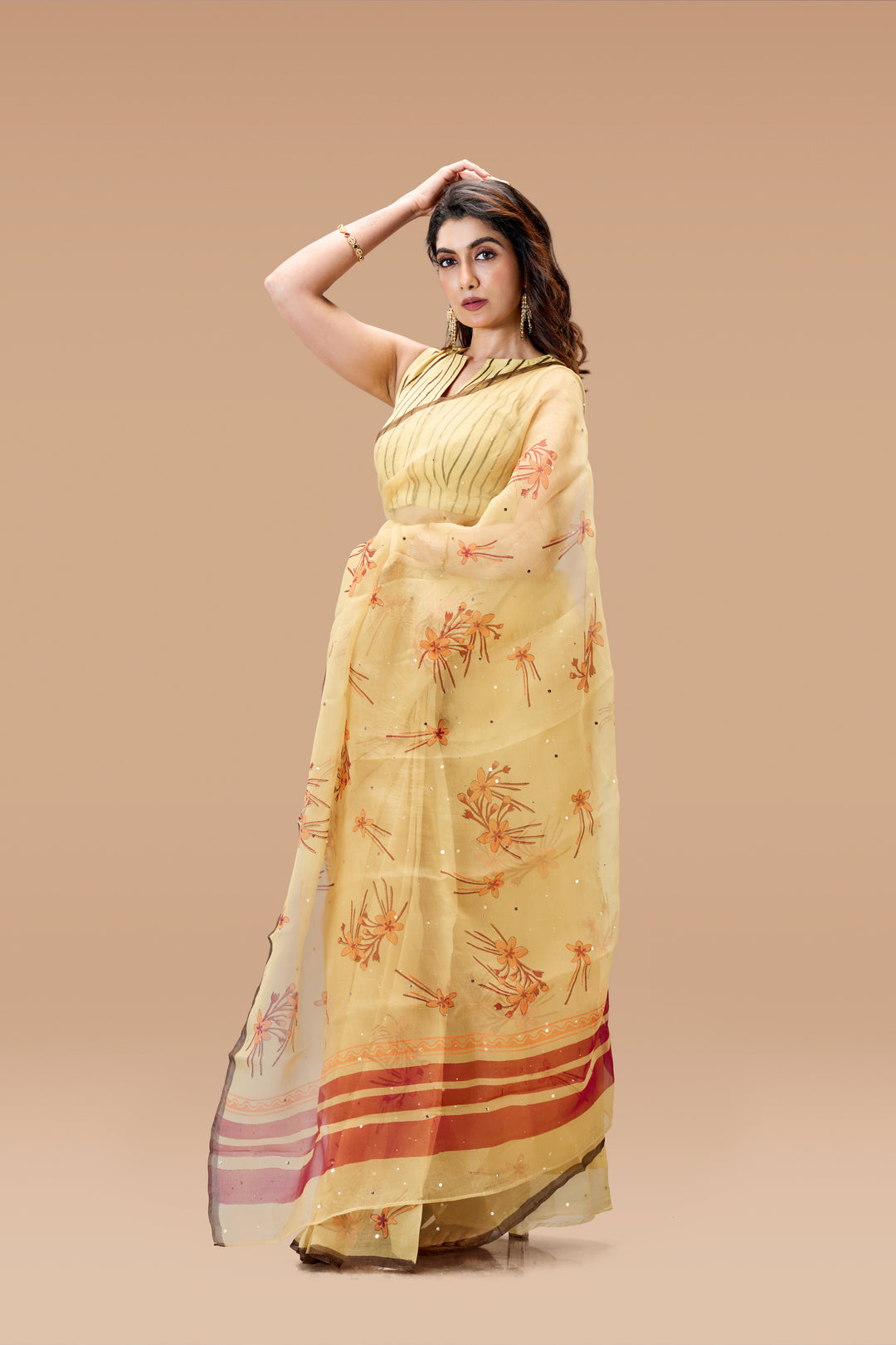 Beige Krishna Kireedam Block Print Silk Organza Saree with Blouse Piece