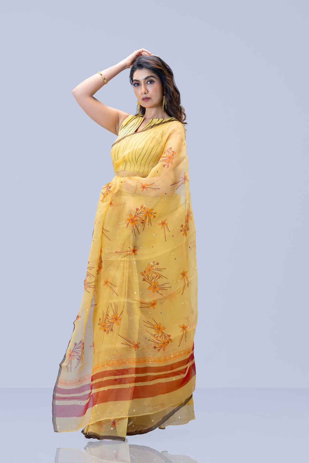 Beige Krishna Kireedam Block Print Silk Organza Saree with Blouse Piece