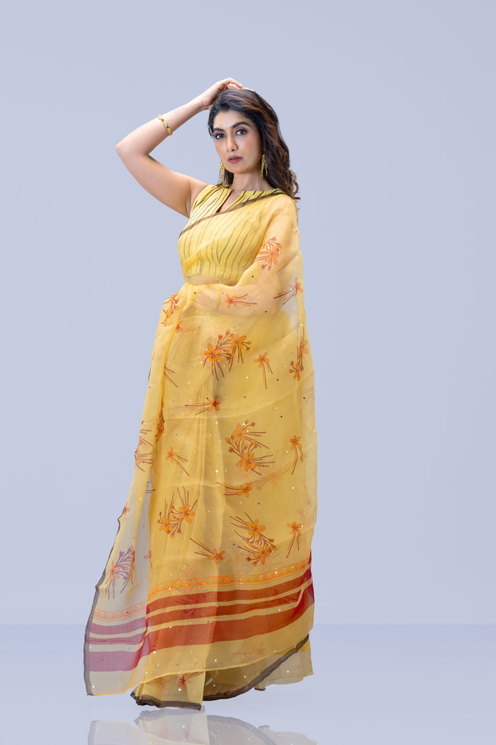Beige Krishna Kireedam Block Print Silk Organza Saree with Blouse Piece
