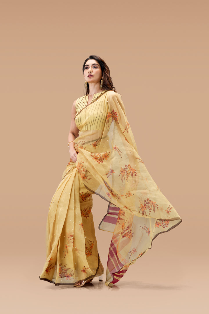 Beige Krishna Kireedam Block Print Silk Organza Saree with Blouse Piece
