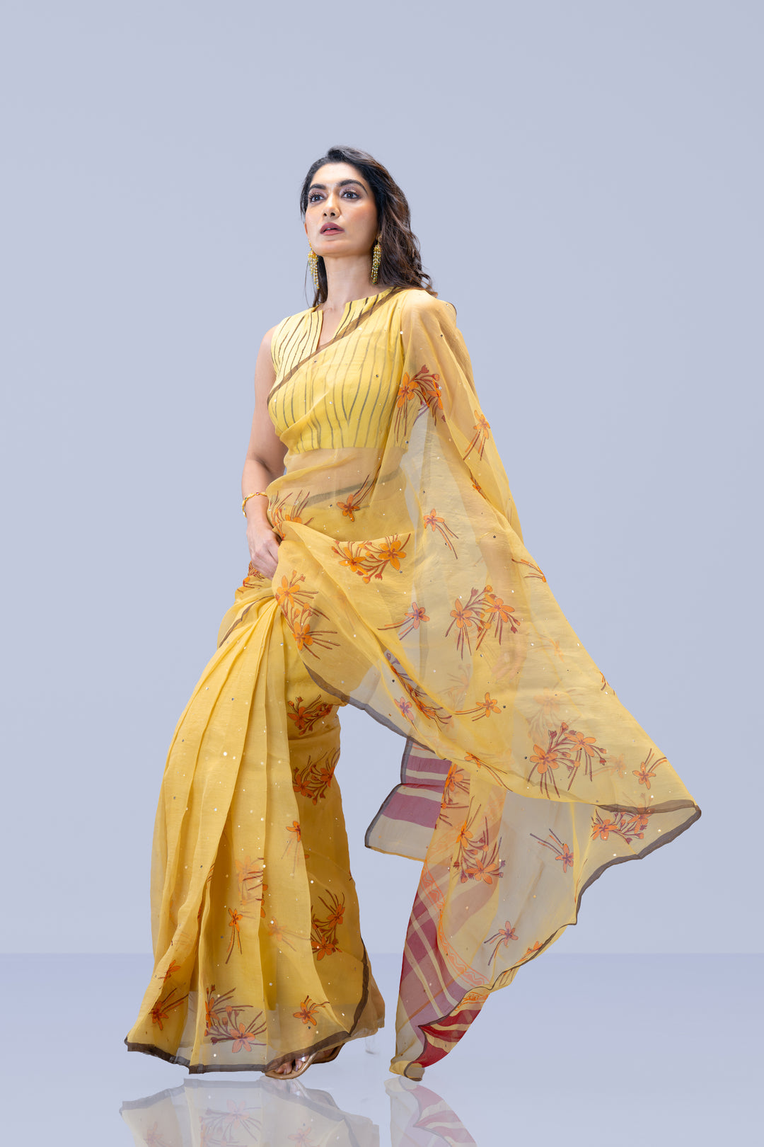 Beige Krishna Kireedam Block Print Silk Organza Saree with Blouse Piece