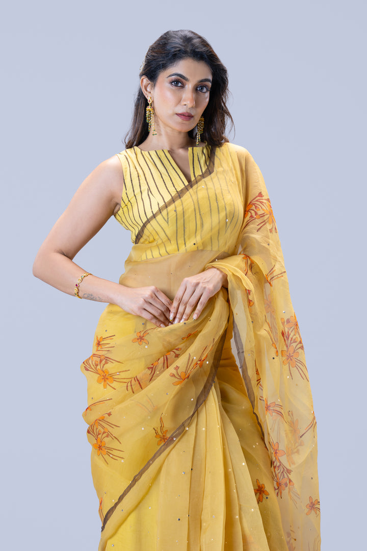Beige Krishna Kireedam Block Print Silk Organza Saree with Blouse Piece
