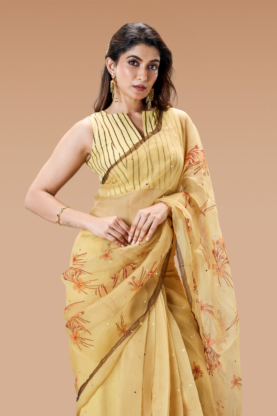 Beige Krishna Kireedam Block Print Silk Organza Saree with Blouse Piece