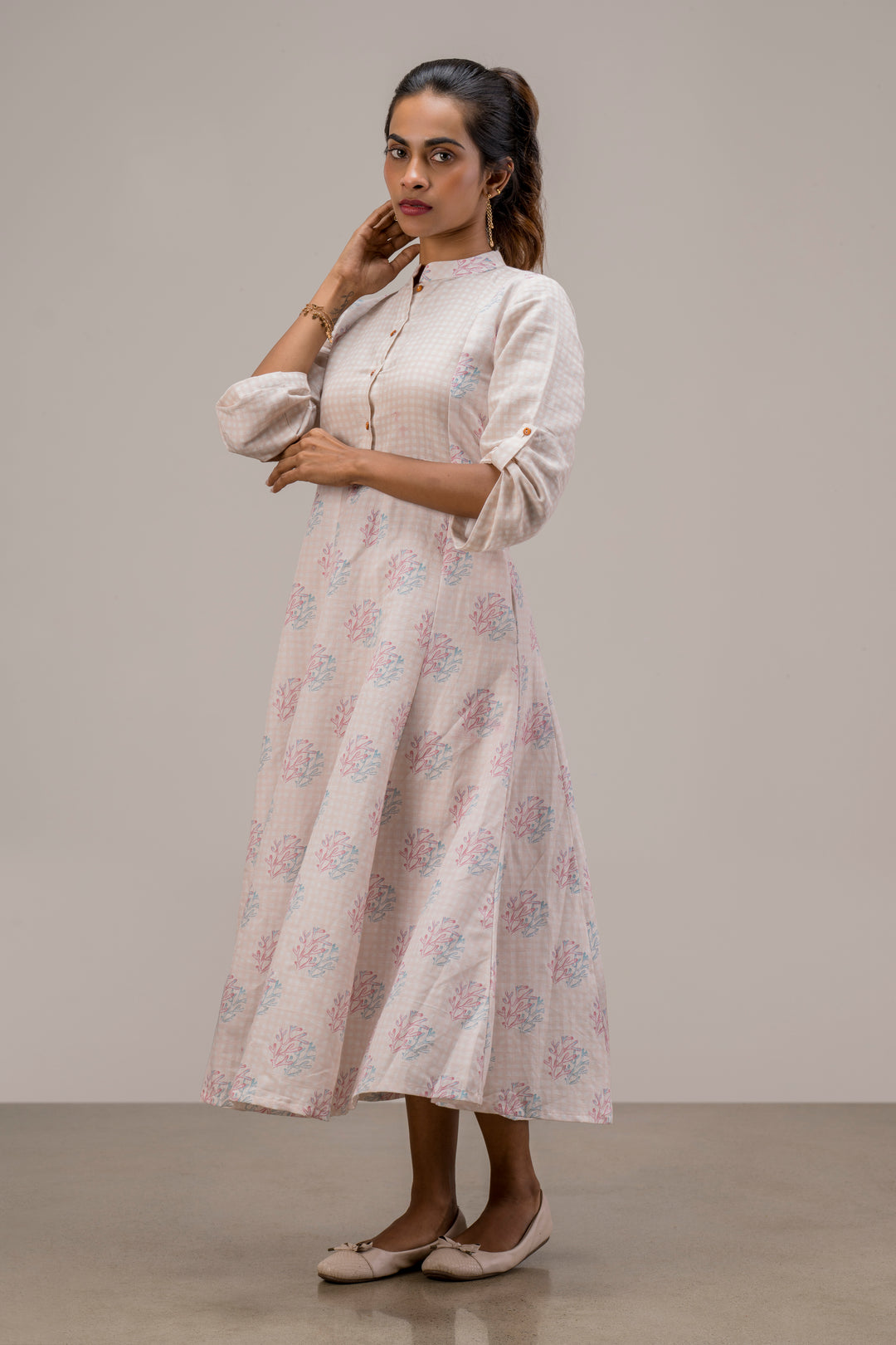 Digital Printed Cotton Hemp Dress with Yoke