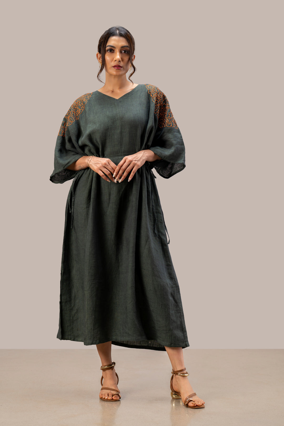 Relaxed Handloom Linen Kimono Dress with Hand Embroidery