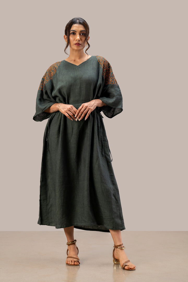 Relaxed Handloom Linen Kimono Dress with Hand Embroidery