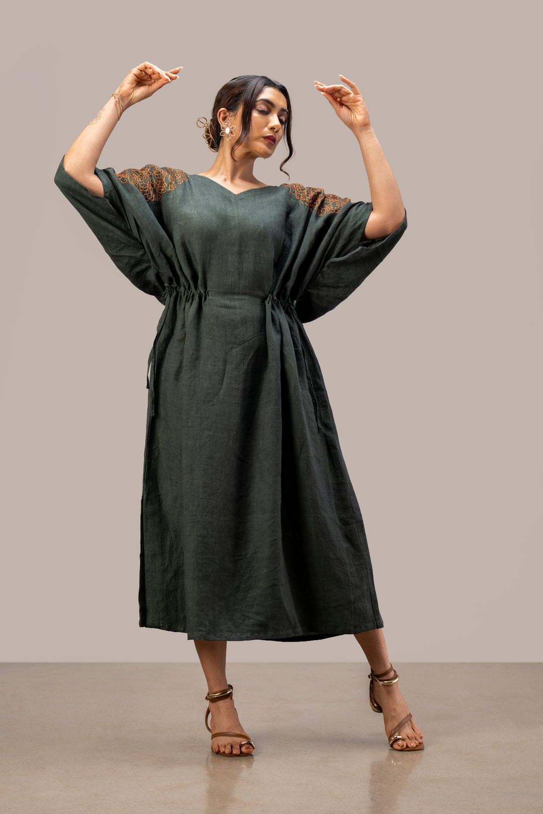 Relaxed Handloom Linen Kimono Dress with Hand Embroidery