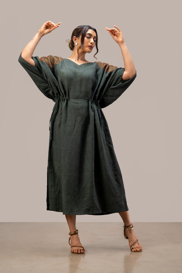Relaxed Handloom Linen Kimono Dress with Hand Embroidery