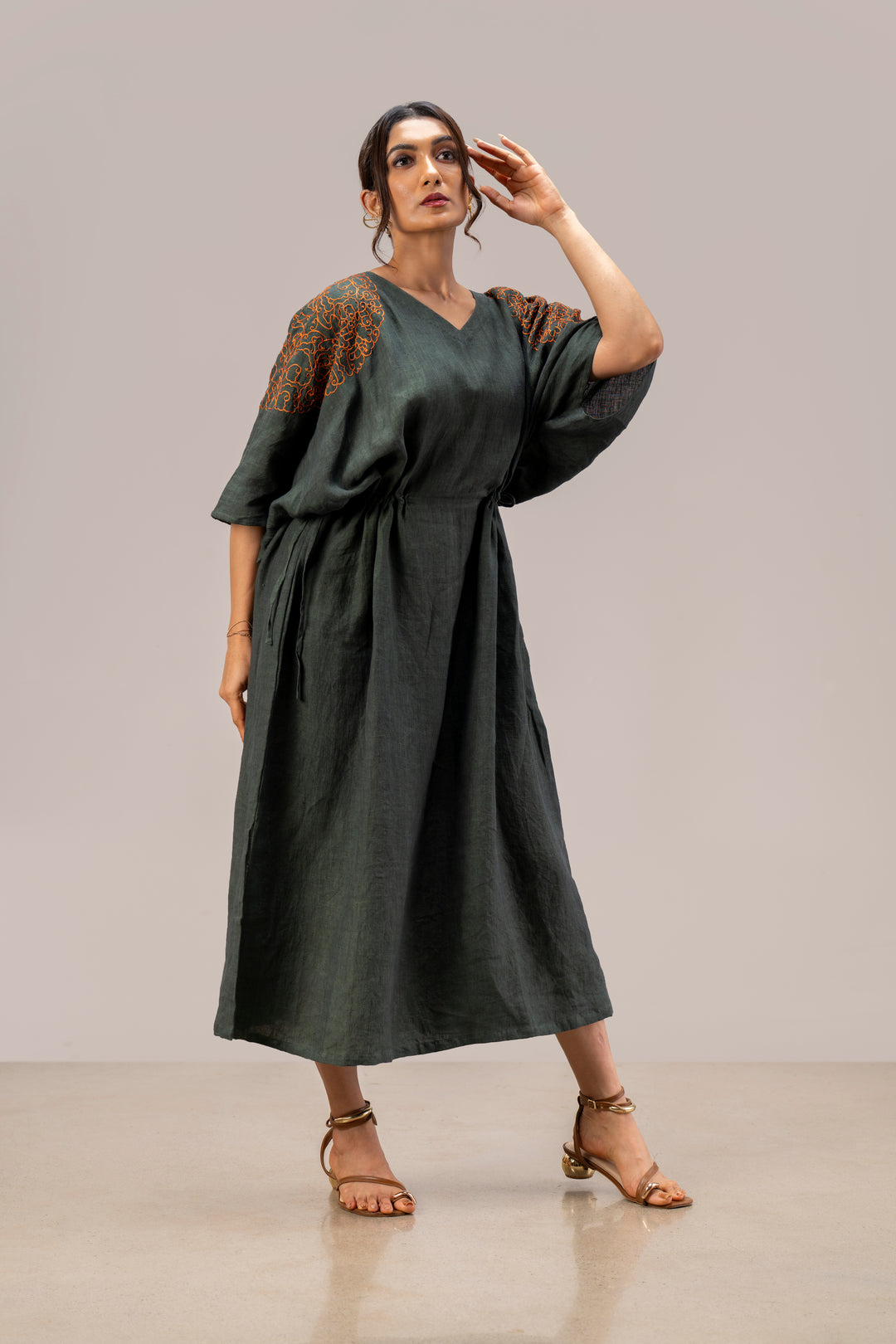 Relaxed Handloom Linen Kimono Dress with Hand Embroidery