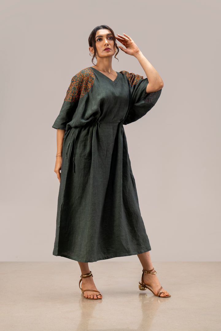 Relaxed Handloom Linen Kimono Dress with Hand Embroidery