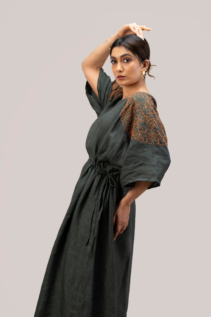Relaxed Handloom Linen Kimono Dress with Hand Embroidery