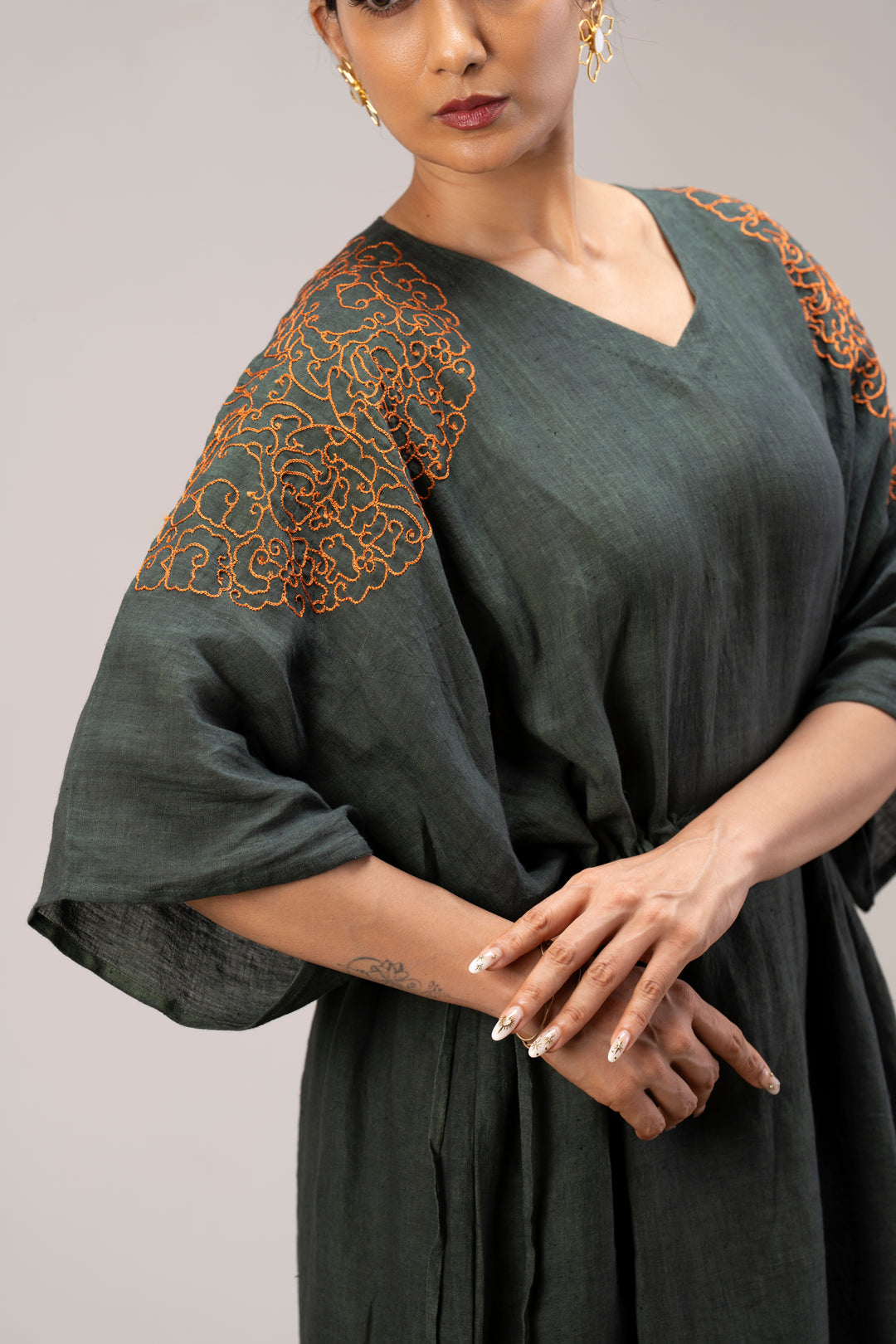 Relaxed Handloom Linen Kimono Dress with Hand Embroidery