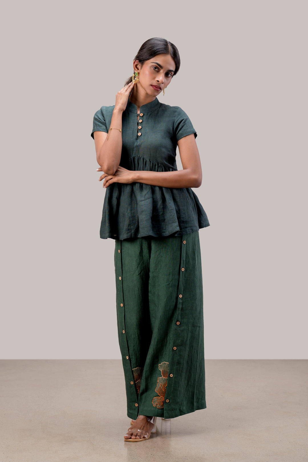 Pure Handloom Linen Peplum Top and Paneled Wide Leg Pant Set