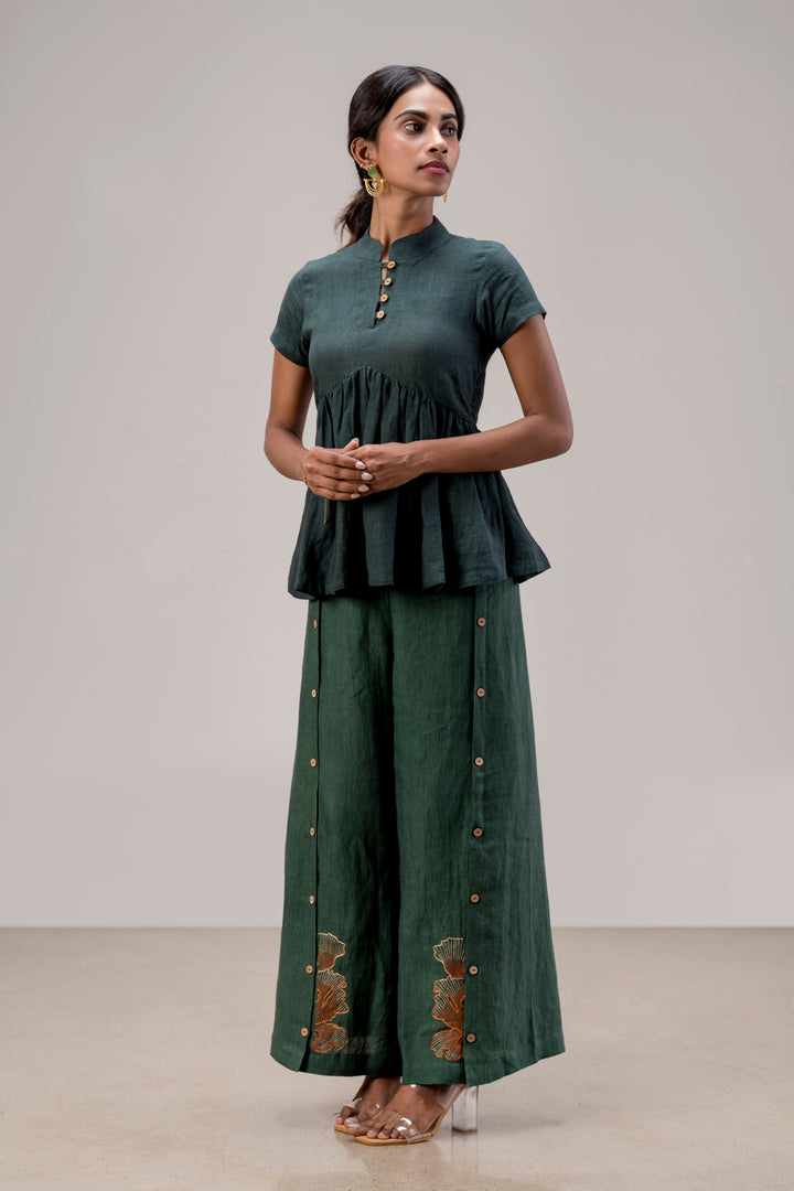 Pure Handloom Linen Peplum Top and Paneled Wide Leg Pant Set