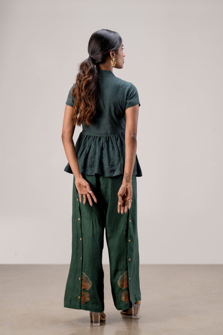 Pure Handloom Linen Peplum Top and Paneled Wide Leg Pant Set