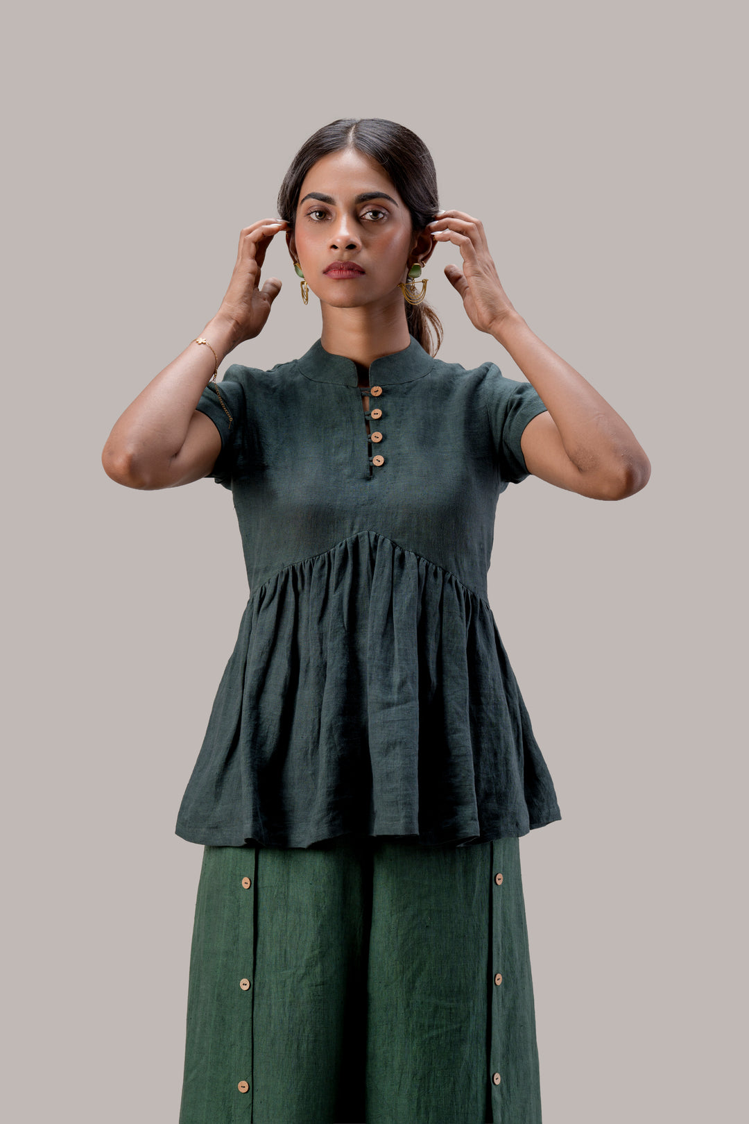 Pure Handloom Linen Peplum Top and Paneled Wide Leg Pant Set