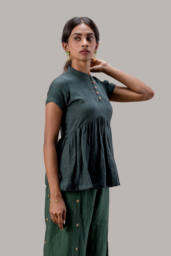 Pure Handloom Linen Peplum Top and Paneled Wide Leg Pant Set
