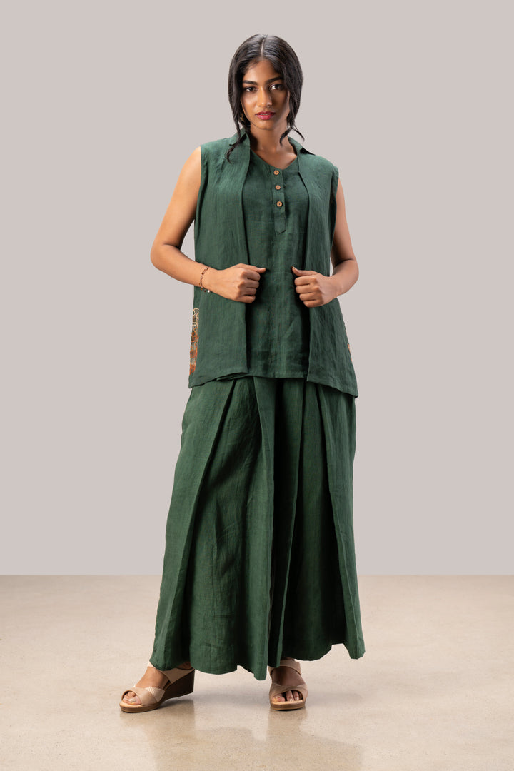 Handloom Linen Pleated Top and Pleated Pant Co-ord Set