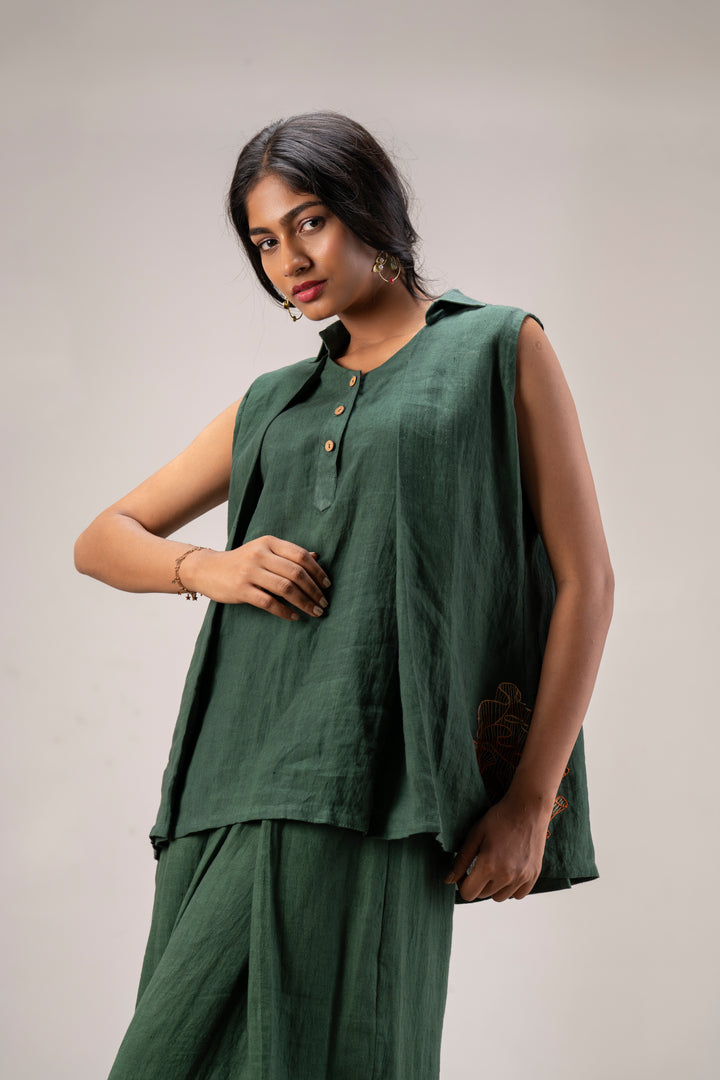 Handloom Linen Pleated Top and Pleated Pant Co-ord Set