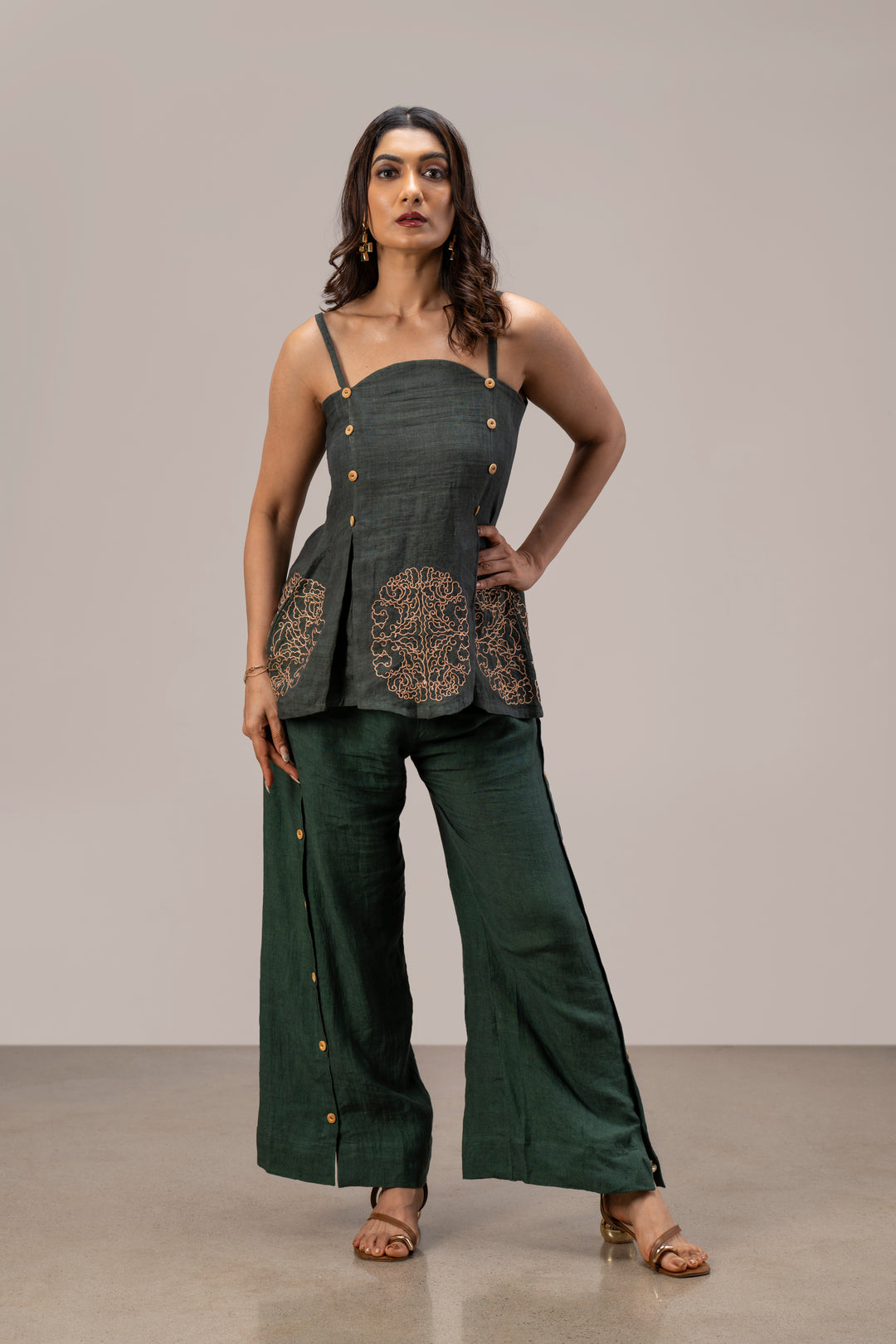 Handloom Linen Box Pleat Top and Paneled Wide Leg Pant Set