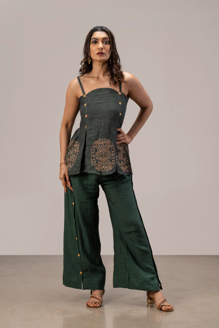 Handloom Linen Box Pleat Top and Paneled Wide Leg Pant Set