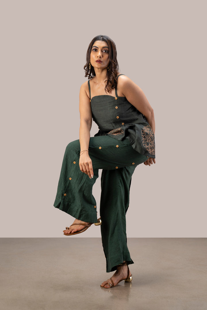 Handloom Linen Box Pleat Top and Paneled Wide Leg Pant Set