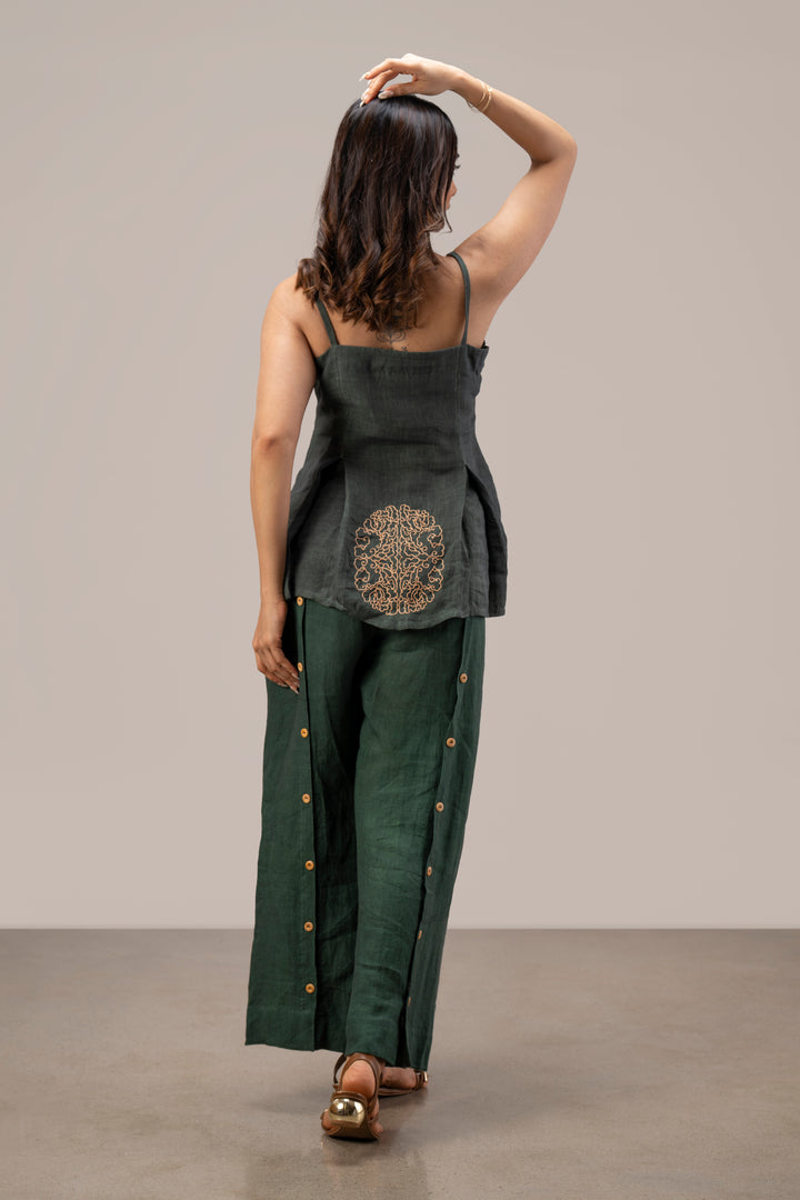 Handloom Linen Box Pleat Top and Paneled Wide Leg Pant Set