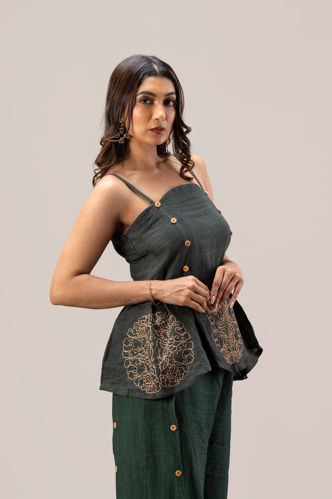 Handloom Linen Box Pleat Top and Paneled Wide Leg Pant Set