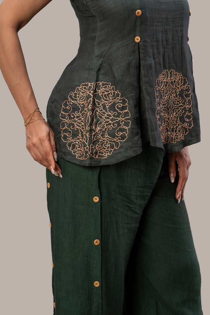 Handloom Linen Box Pleat Top and Paneled Wide Leg Pant Set