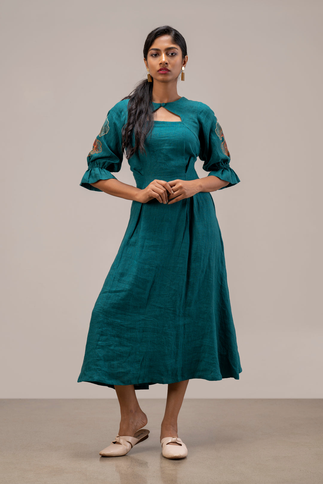 Handloom Linen A-Line Dress with Short Bishop Sleeves