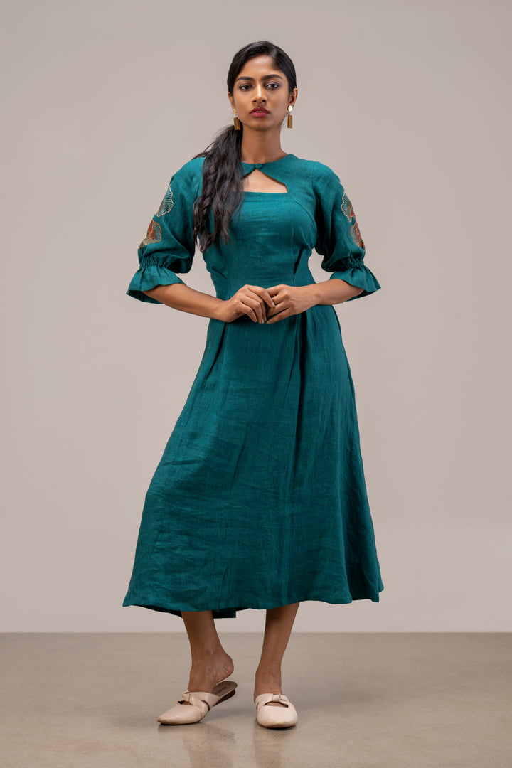 Handloom Linen A-Line Dress with Short Bishop Sleeves