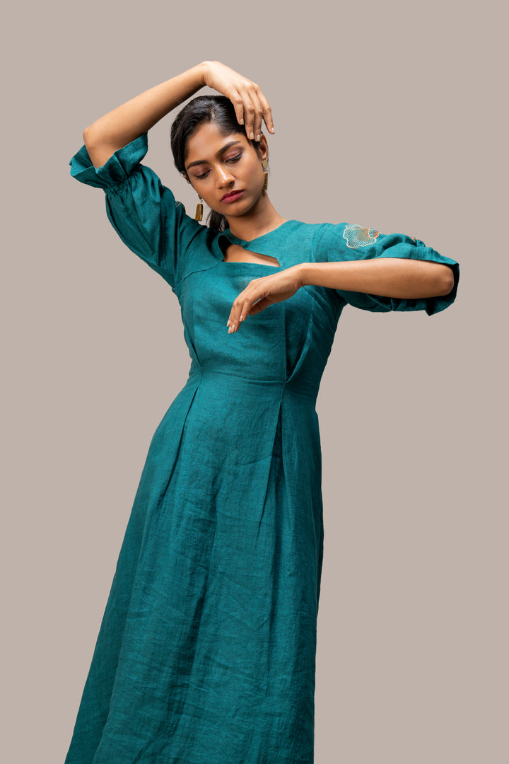 Handloom Linen A-Line Dress with Short Bishop Sleeves