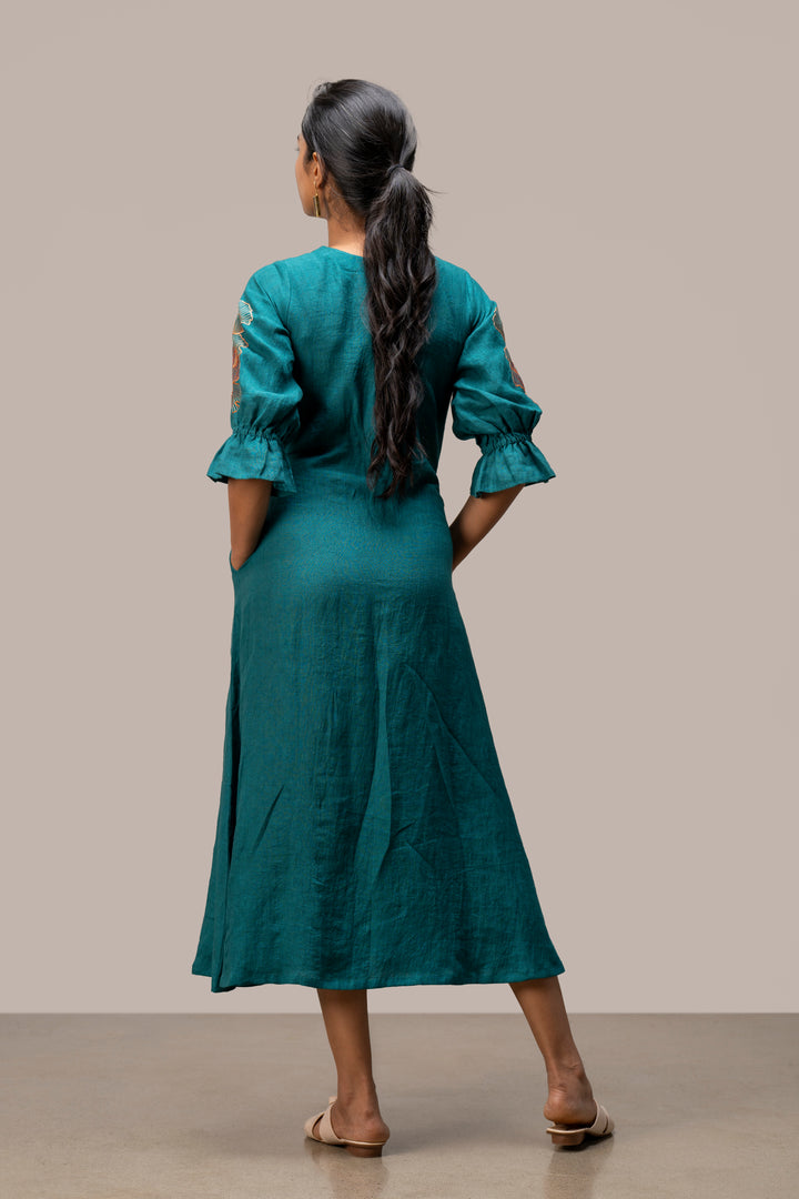 Handloom Linen A-Line Dress with Short Bishop Sleeves