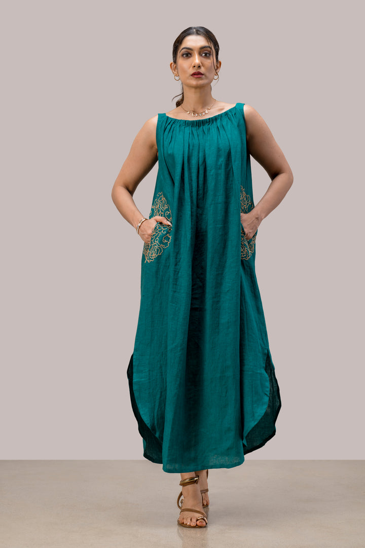 Handloom Linen Gathered Neckline Dress with Hand Embroidery