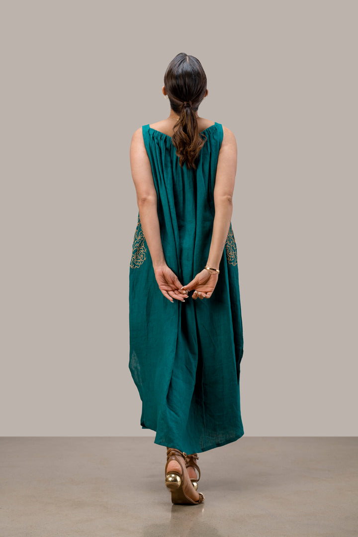 Handloom Linen Gathered Neckline Dress with Hand Embroidery