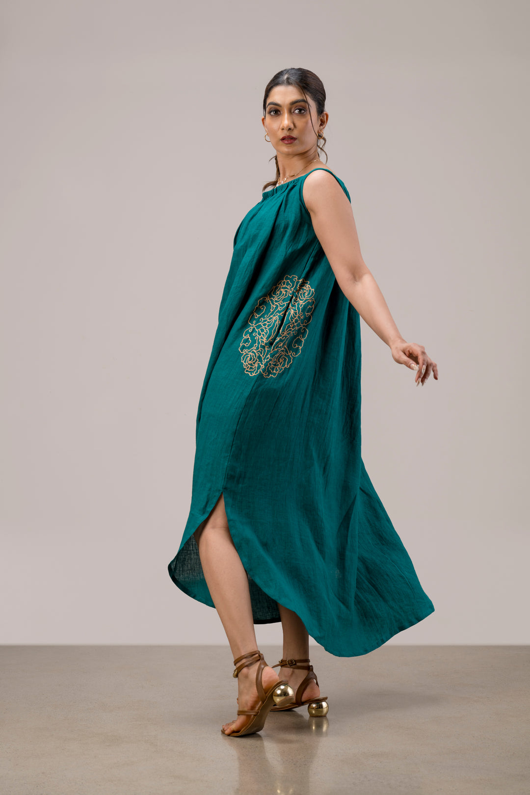 Handloom Linen Gathered Neckline Dress with Hand Embroidery