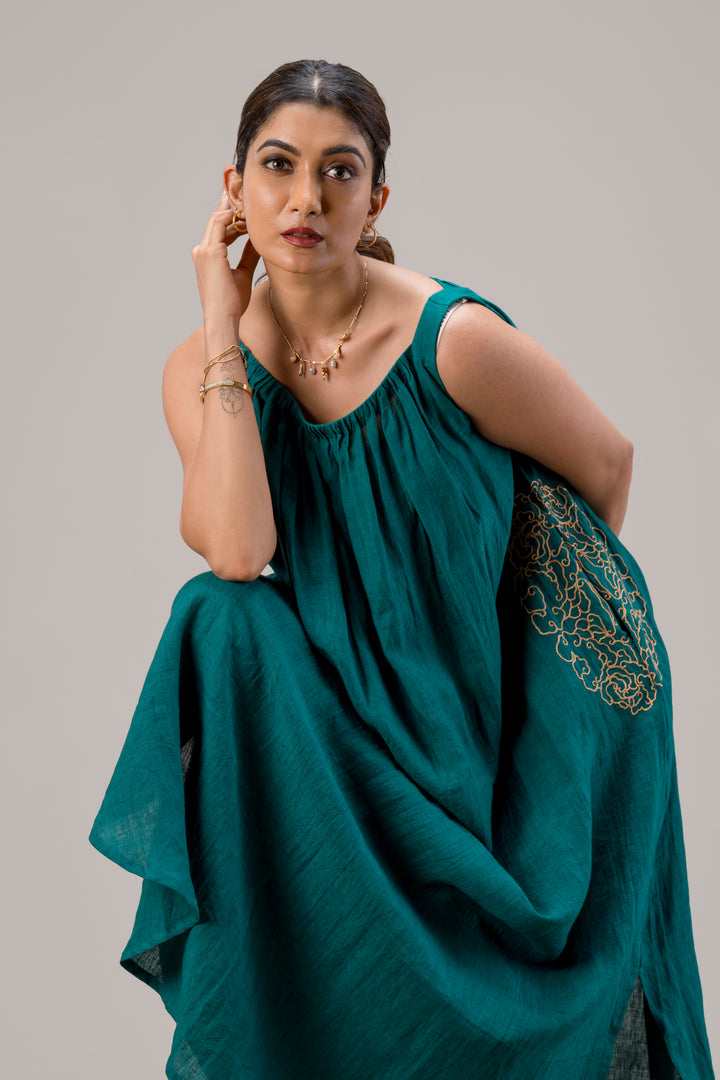 Handloom Linen Gathered Neckline Dress with Hand Embroidery