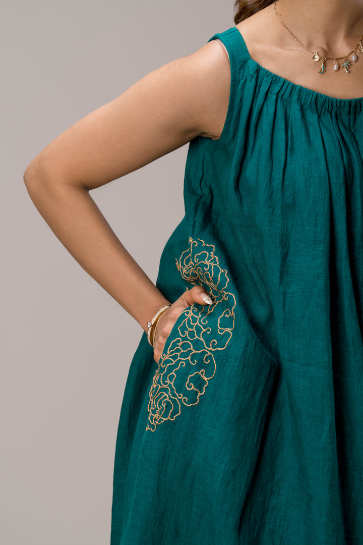Handloom Linen Gathered Neckline Dress with Hand Embroidery