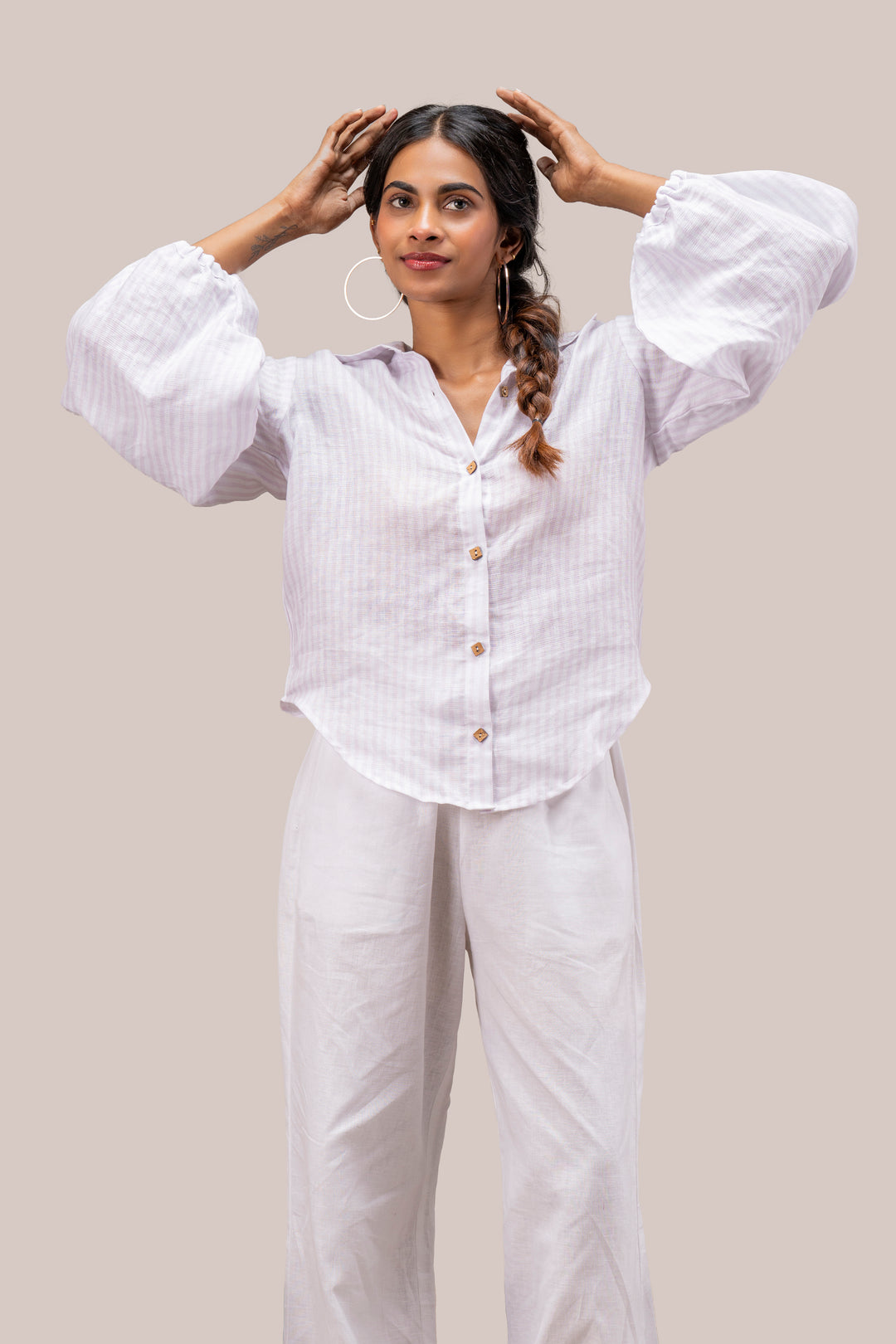 Pure Hemp 3-Placket Shirt with Puff Sleeves
