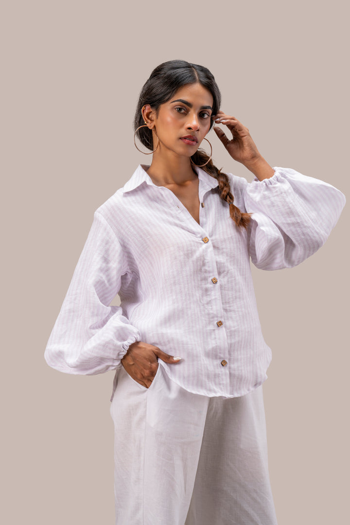 Pure Hemp 3-Placket Shirt with Puff Sleeves
