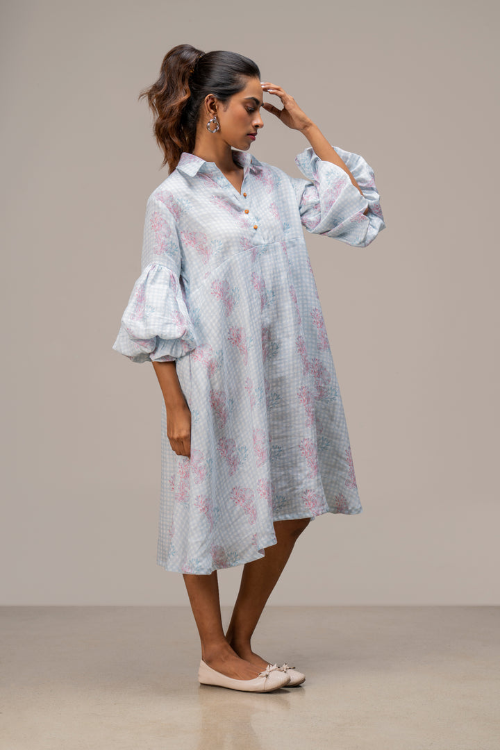 Printed Pure Hemp Dress with Bubble Sleeves