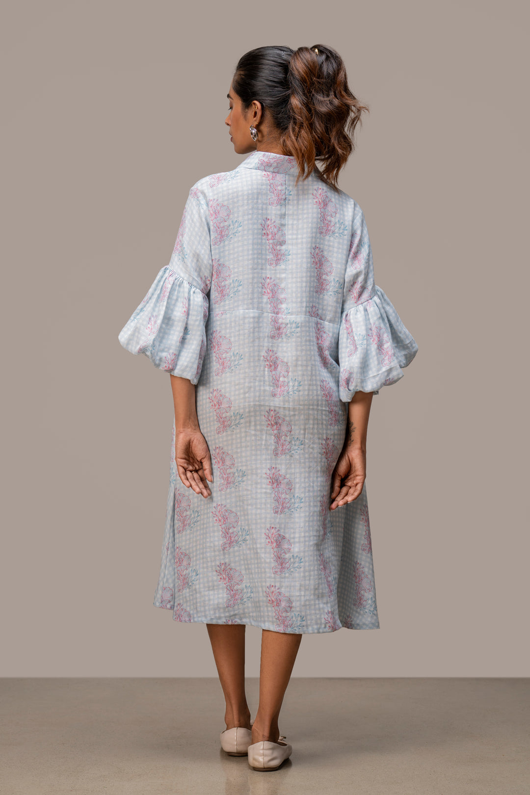 Printed Pure Hemp Dress with Bubble Sleeves