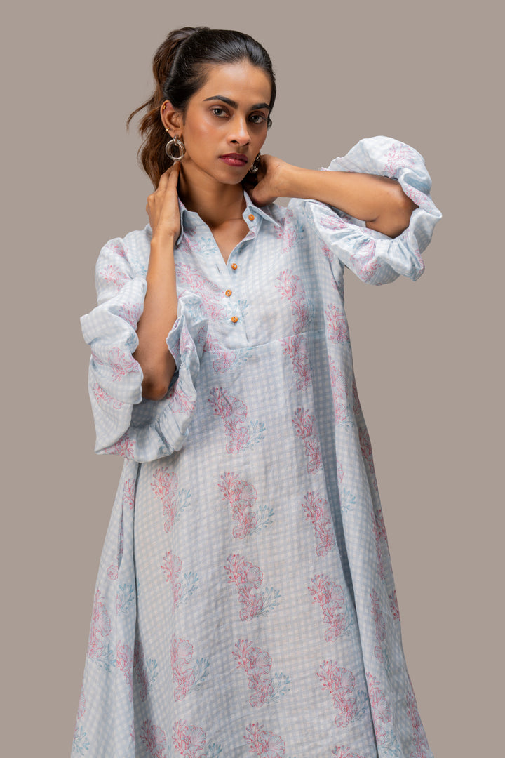 Printed Pure Hemp Dress with Bubble Sleeves