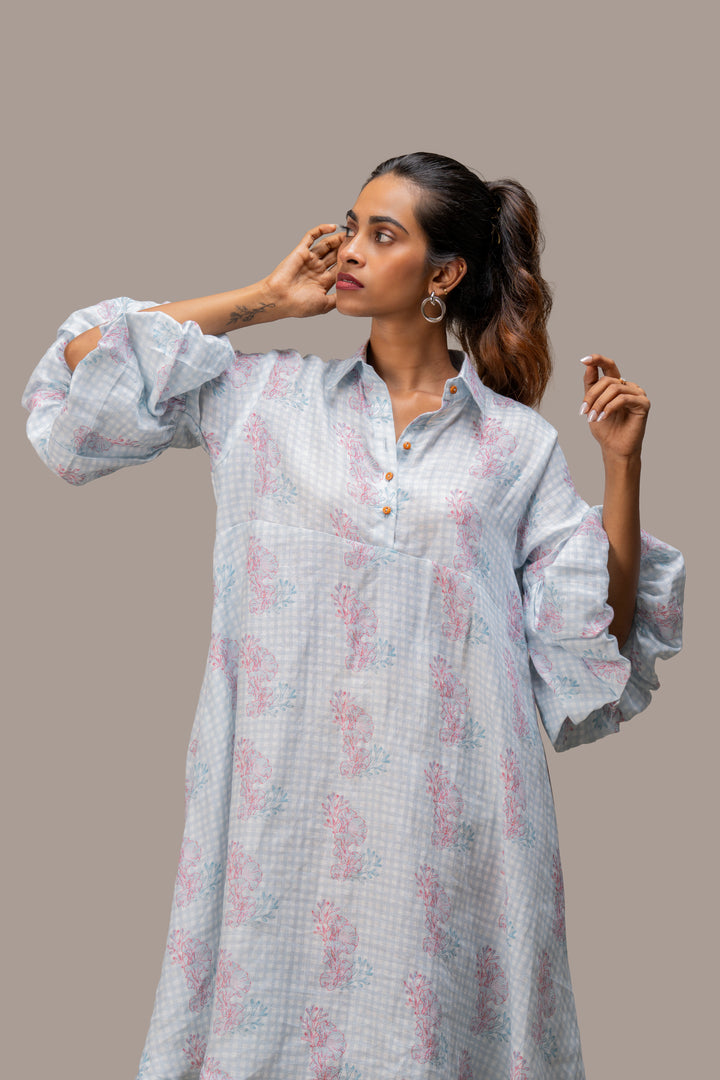 Printed Pure Hemp Dress with Bubble Sleeves